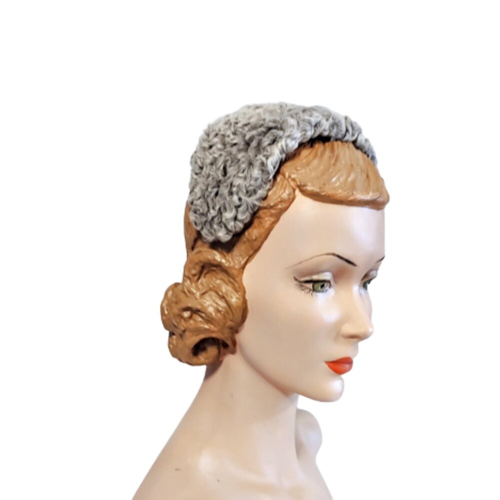 1950s True Vintage Grey Curly Persian Lamb Small Headband Half Hat